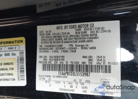 2020 Ford Mustang Ecoboost Premium Fastback z USA, uszkodzony, nr VIN 1FA6P8TD3L5153987